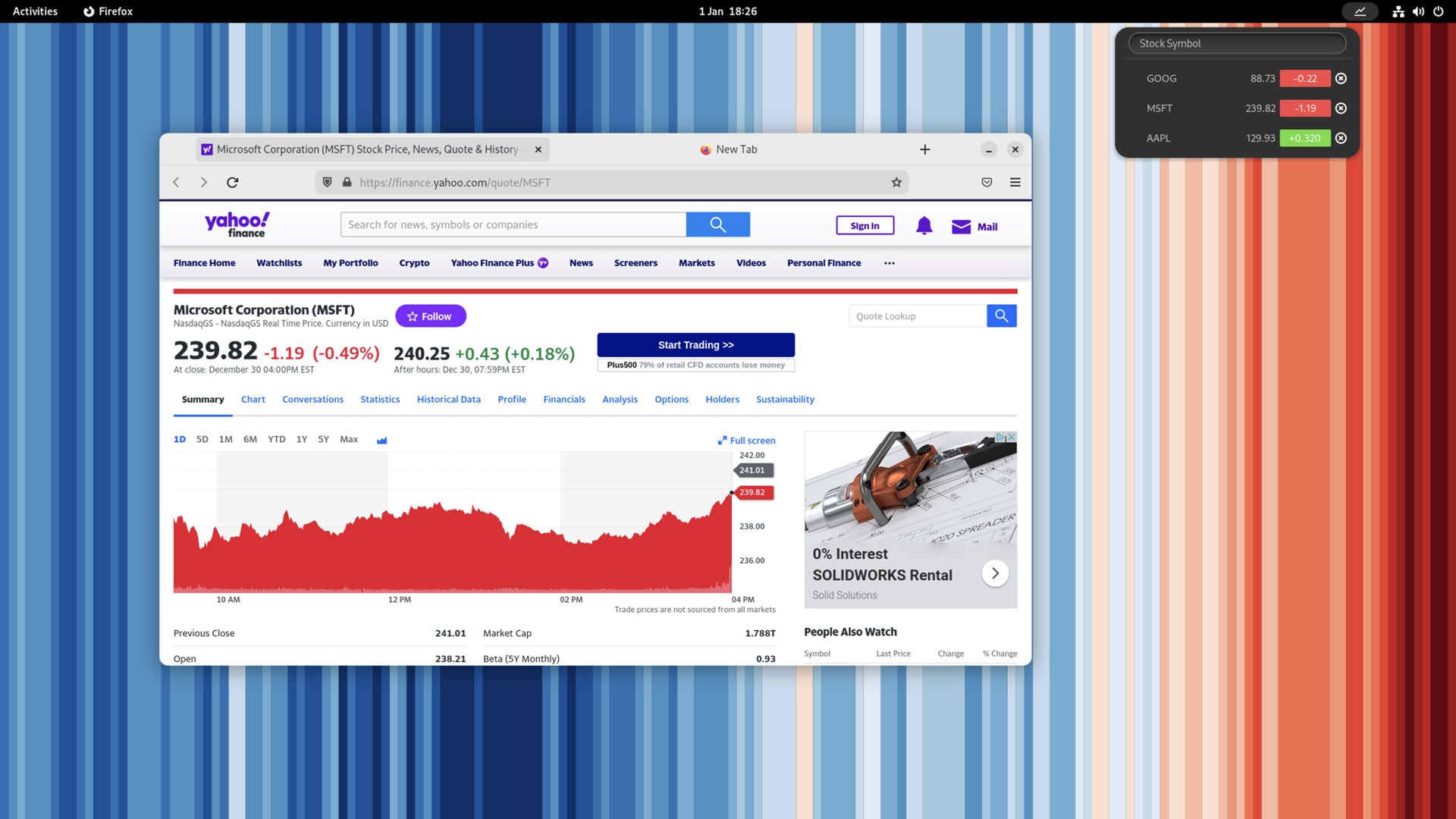 Screenshot that shows the Stonks GNOME extension in action, and the Yahoo Finance website open in Firefox