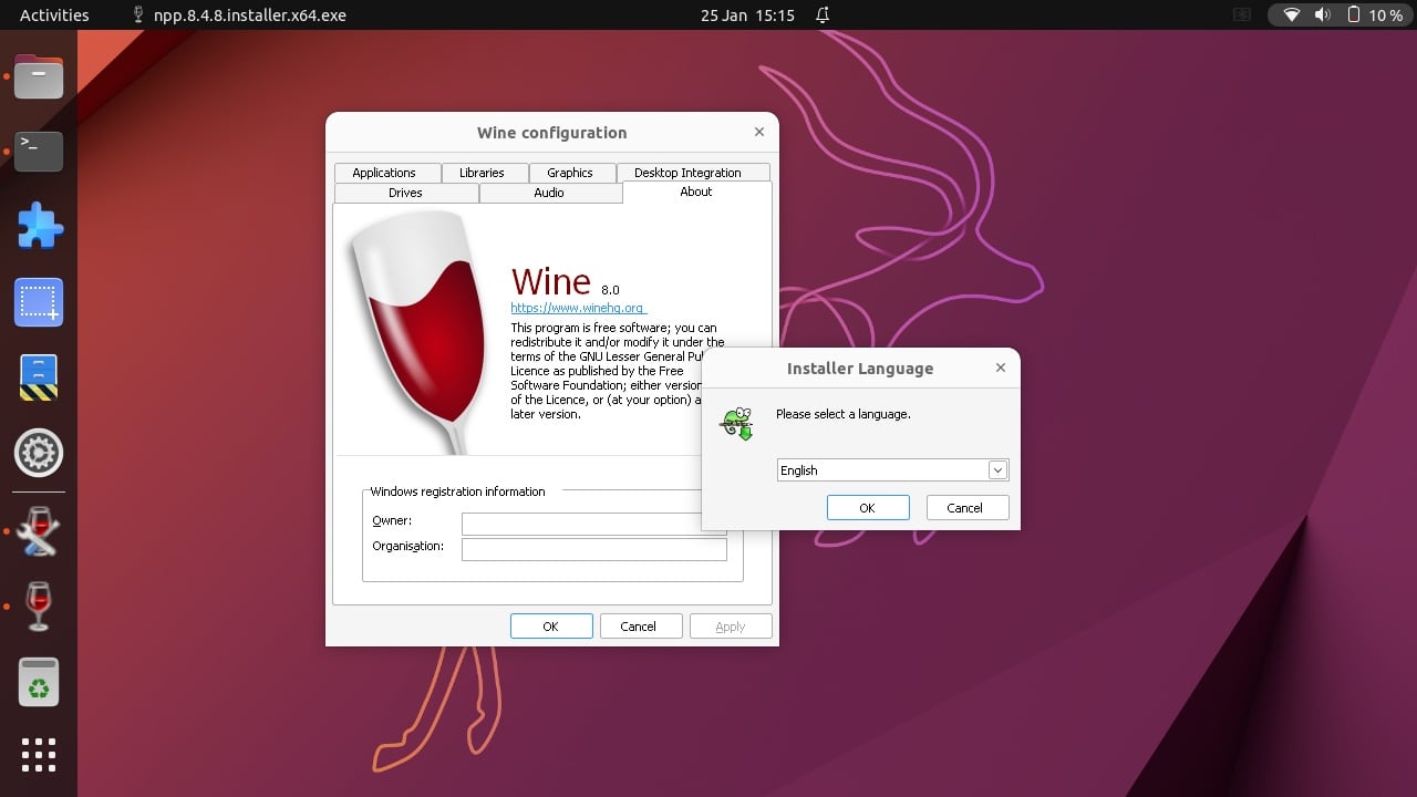 The Wine 8.0 configuration window showing the new light mode.