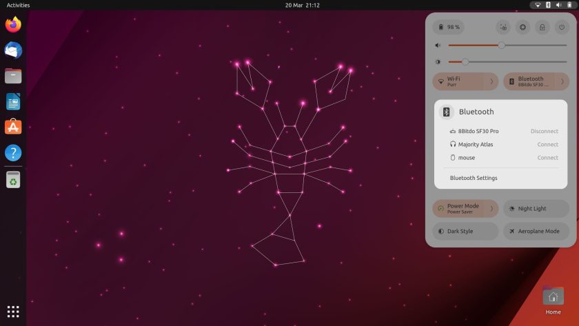 a screenshot of Ubuntu 23.04 bluetooth quick settings menu