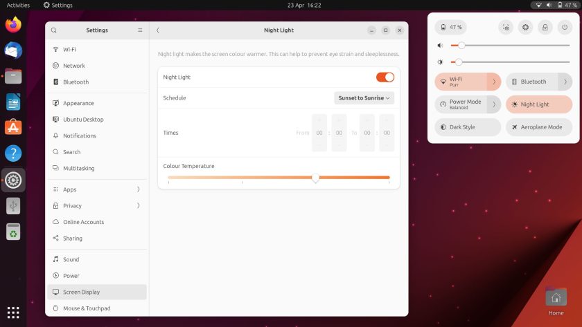 night light feature in ubuntu