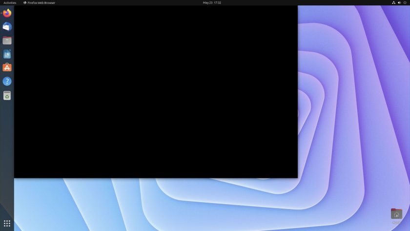 screenshot of the firefox black screen bug in ubuntu 23.04