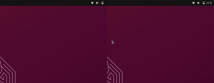 Ubuntu desktop panel shows battery icon with no percentage on one side and a battery icon with percentage label on the other side