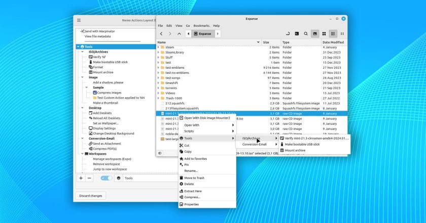 Nemo Actions Layout Editor in Linux Mint 22