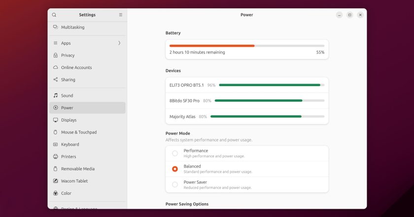 Power settings in Ubuntu showing bluetooth battery levels