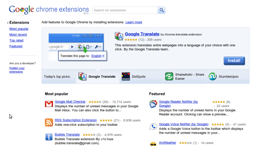 Screenshot of the Google Chrome Extensions Gallery beta webpage