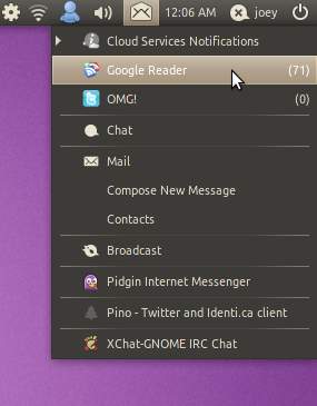 ubuntu messaging menu showing google reader unread count