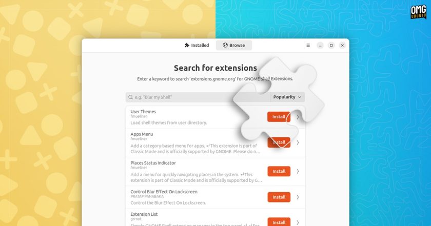 Screenshot of the Extension Manager application browse tab against a yellow and blue background