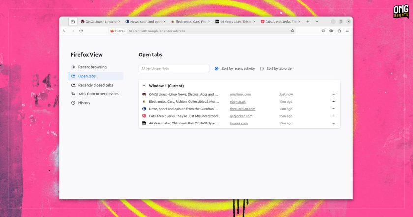 Firefox View's new sorting options for open tabs