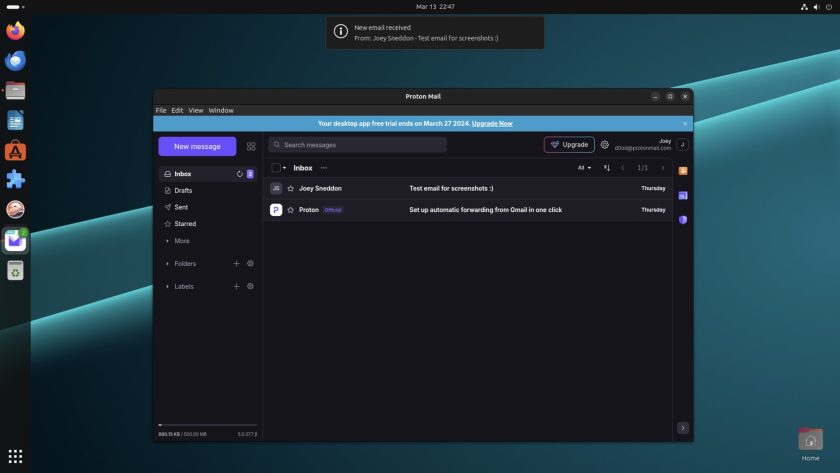 Proton Mail desktop app running in Ubuntu 23.10, showing a notification