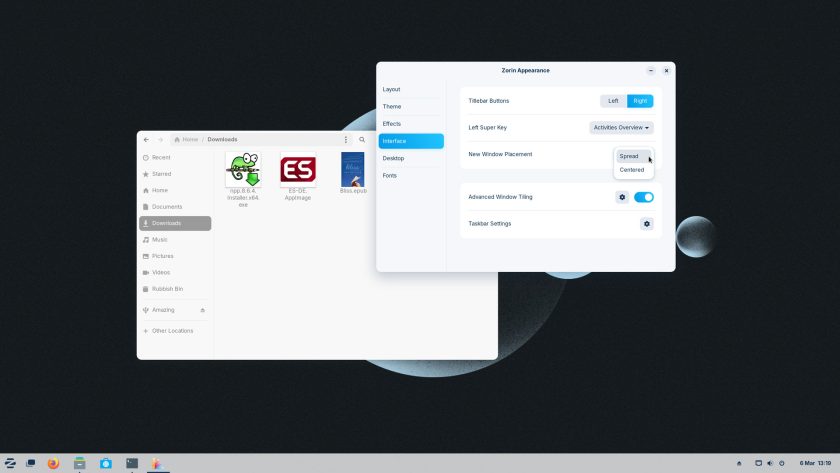 Zorin OS 17.1 with exe and app image thumbnails and new window placement option
