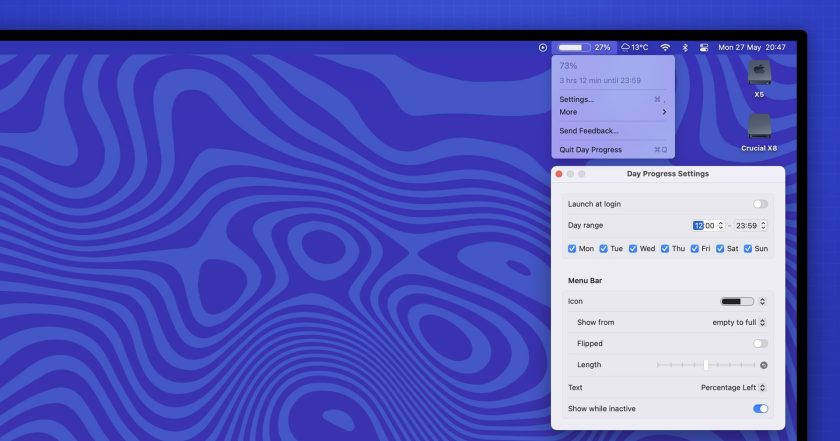 Screenshot of the Day Progress macOS app in the panel and its Settings window