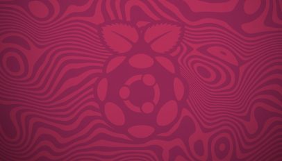 Ubuntu Raspberry Pi logo with the Ubuntu circle of friends emblem inset, within a wavy red background.