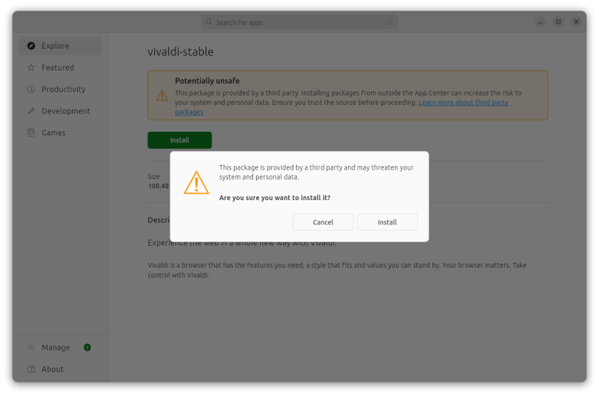 Installing a DEB package in Ubuntu's App Center screenshot