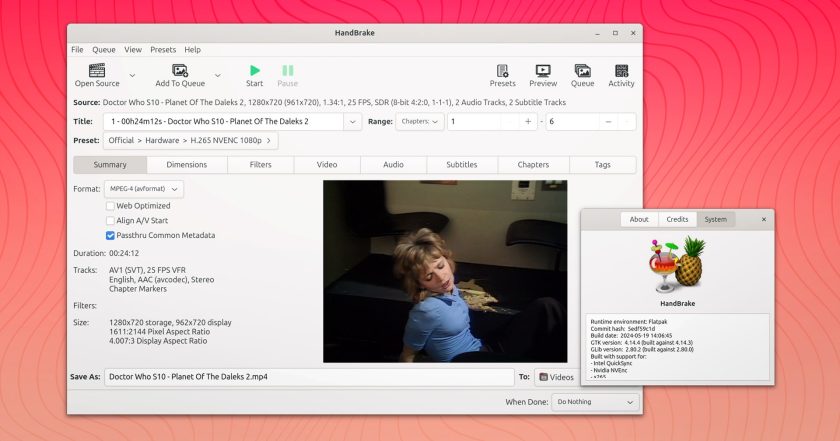 Screenshot of HandBrake 1.8.0 on Linux using GTK4