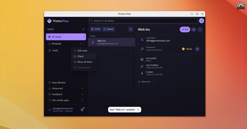 Screenshot of Proton Pass Linux app