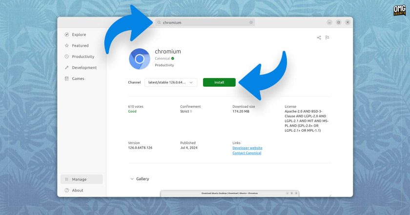 Screenshot of the Chromium snap package in the Ubuntu App Center software tool with two arrows pointing to the install button