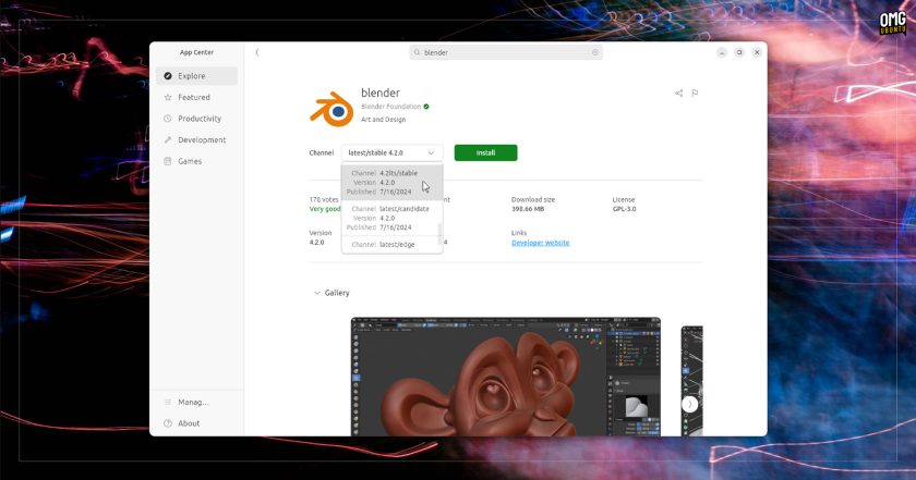 Blender 4.2 LTS channel on the Snap Store