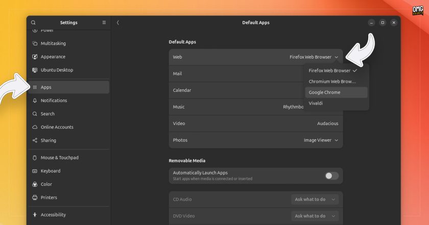 Settings your preferred default apps  in Ubuntu using the Settings app