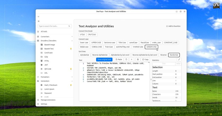 DevToy's text analyser, sorting, and conversion tools