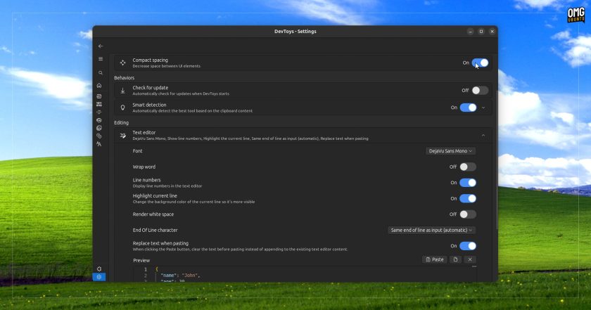 DevToys compact mode enabled on settings screen