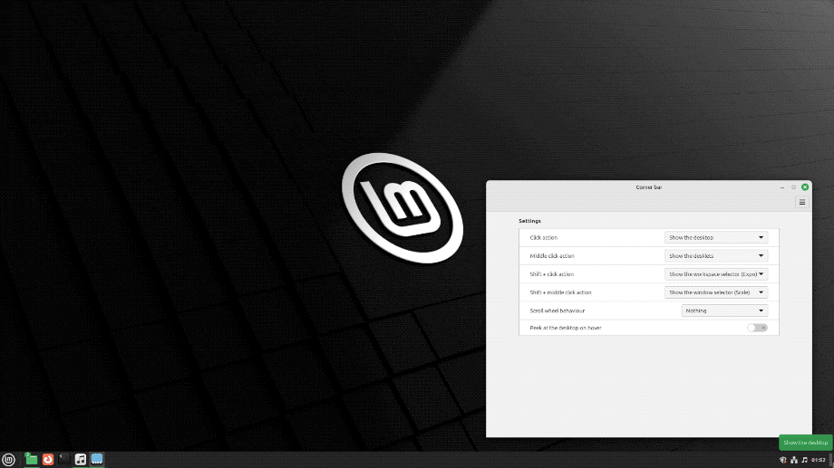 GIF showing a workspace being removed from the Linux Mint workspace expo