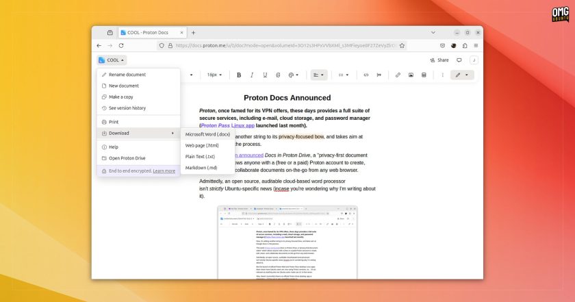 Proton Docs in action in Firefox on Ubuntu 24.04 LTS