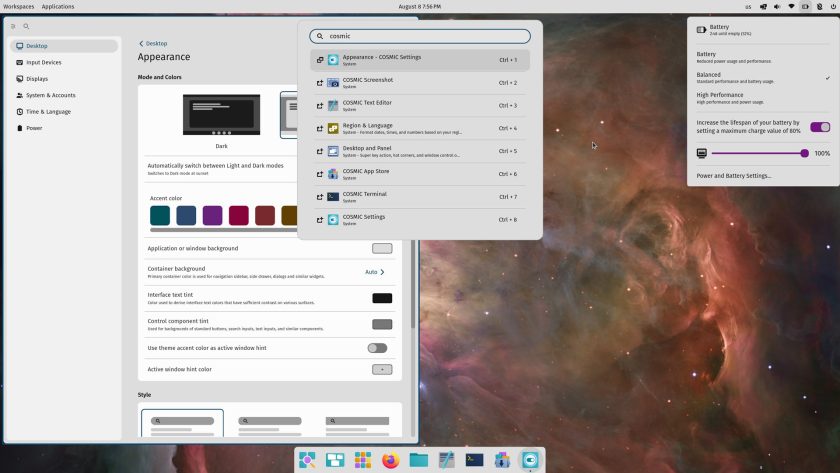 COSMIC desktop environment with the light mode active