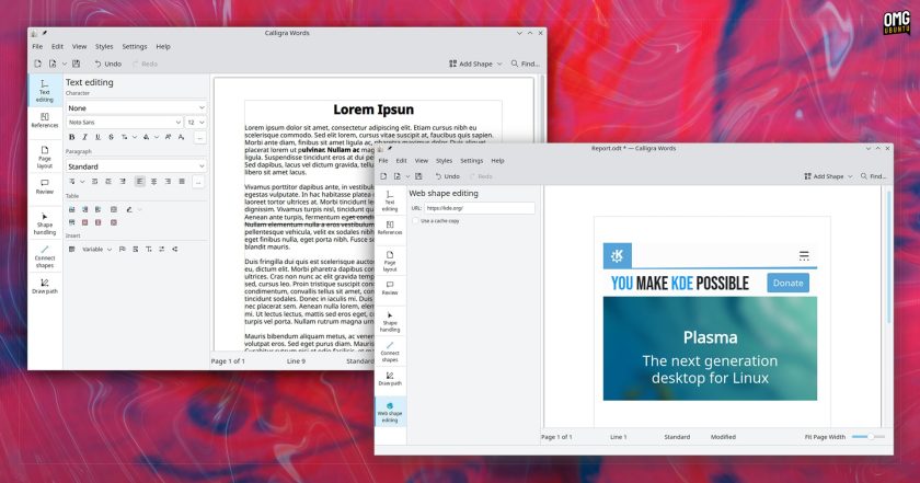 Calligra 4.0 Words and Stage (screens Carl Schwan; composite: me)
