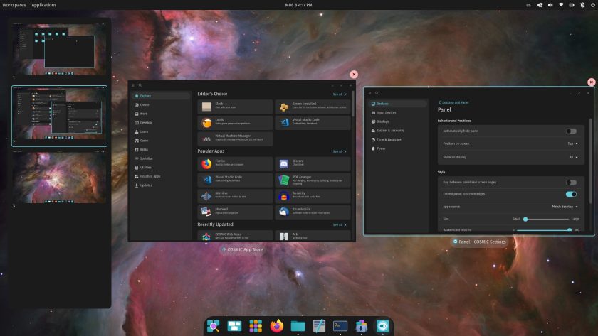 COSMIC Epoch 1 (Alpha) workspace switcher showing two windows