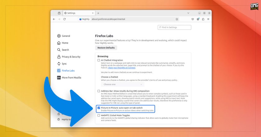 Screenshot of Firefox Labs in Firefox Nightly build