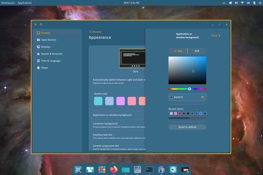 Screenshot of COSMIC desktop environment's colour options