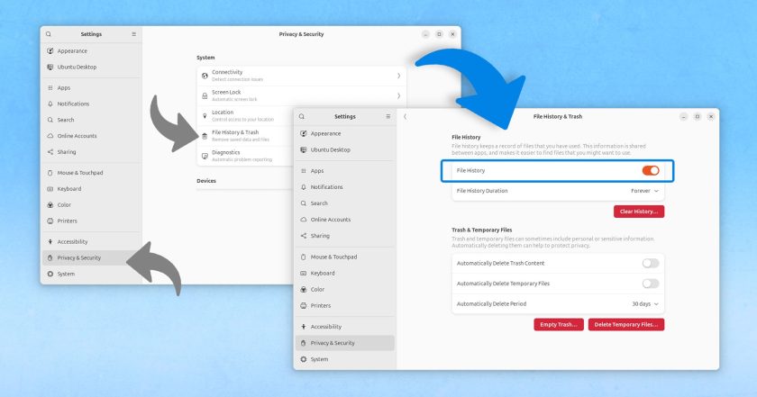 Disabling file history hides the 'recent folder' in Nautilus