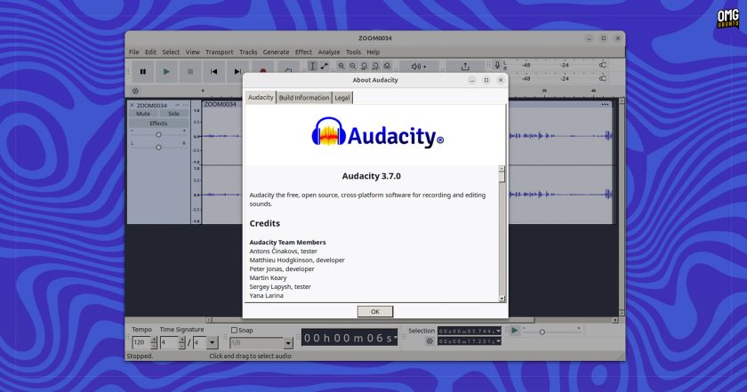Audacity 3.7.0 about screen on Ubuntu 24.04 LTS