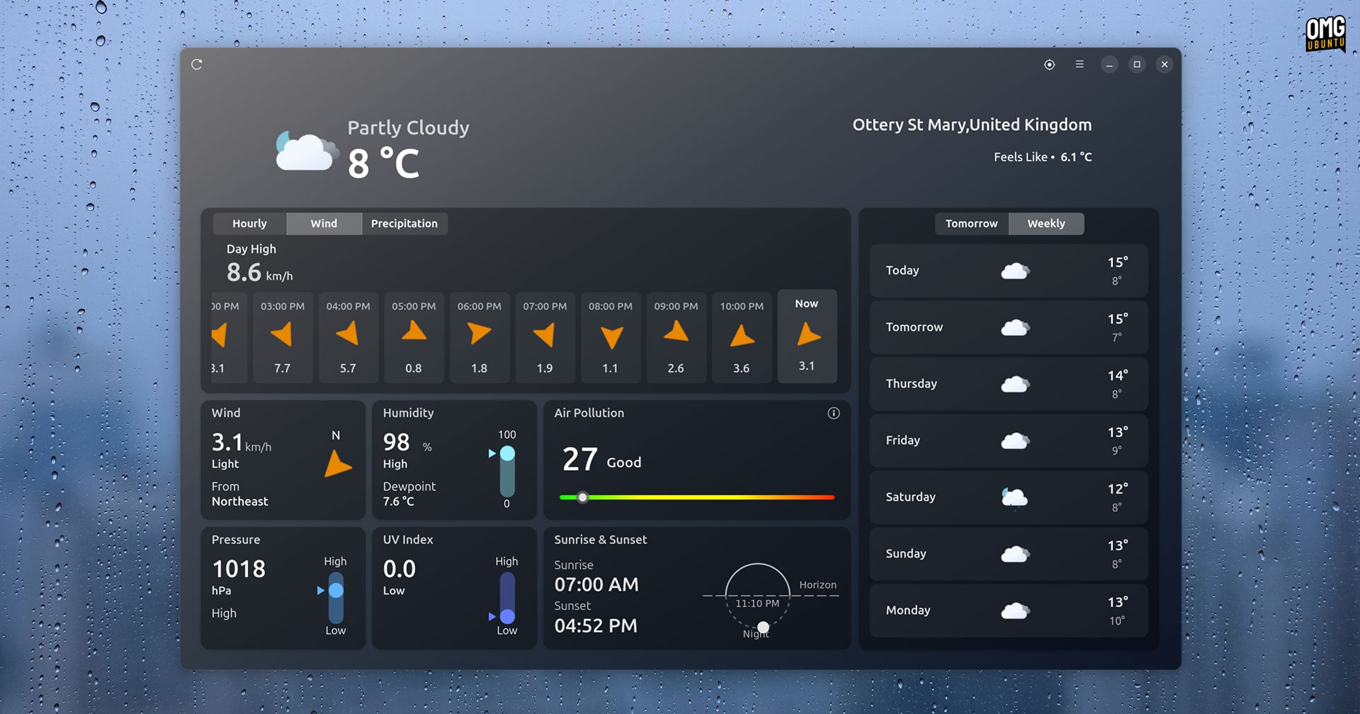 A Linux weather app showing a lot of meteorological information and forecast data