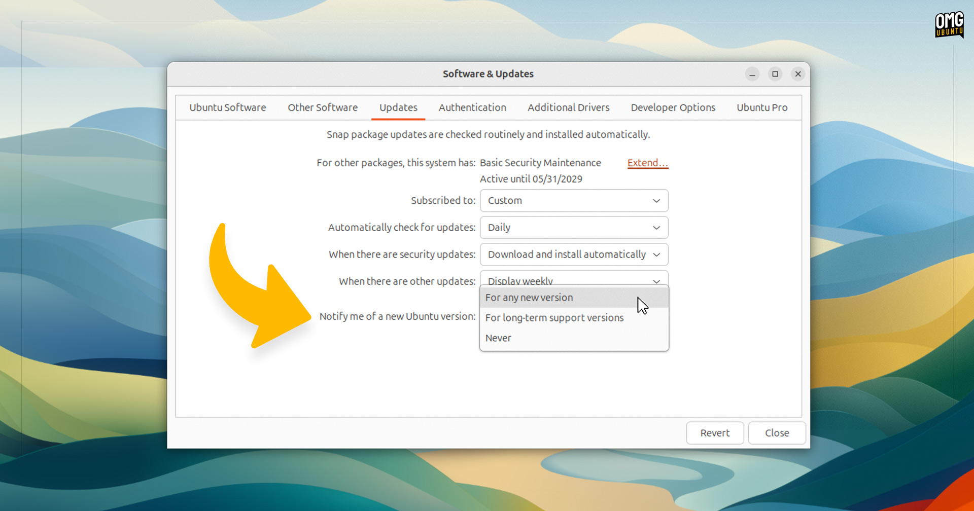 Ubuntu Software & Updates app showing the Updates settings tab