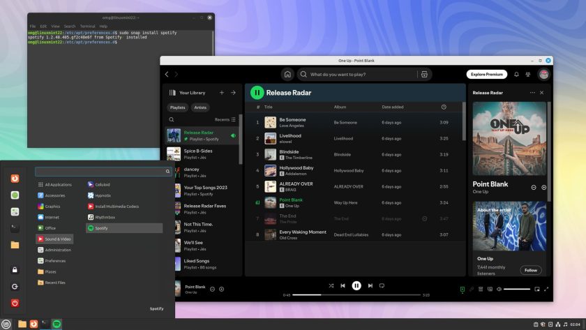 Spotify snap package running on the Linux Mint cinnamon desktop