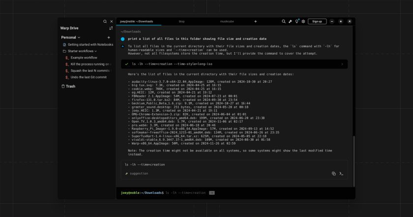 Warp's AI features in terminal