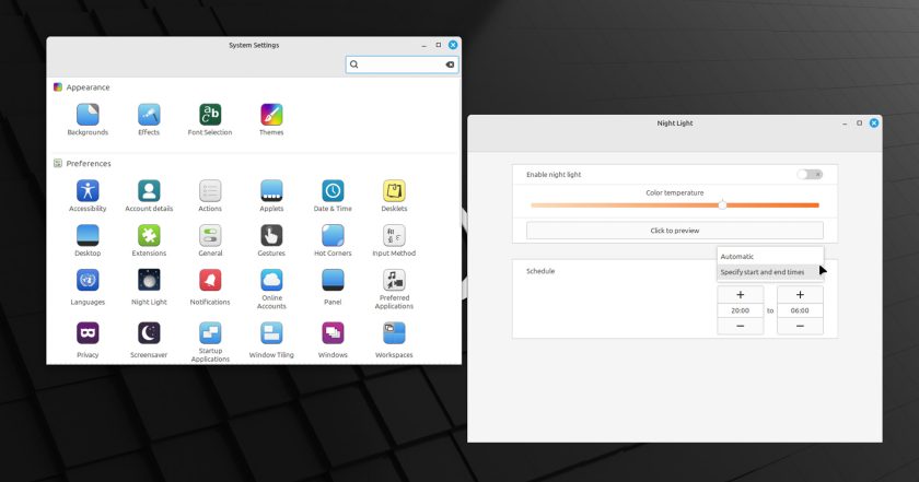 Night Light in Linux Mint 22.1 Settings
