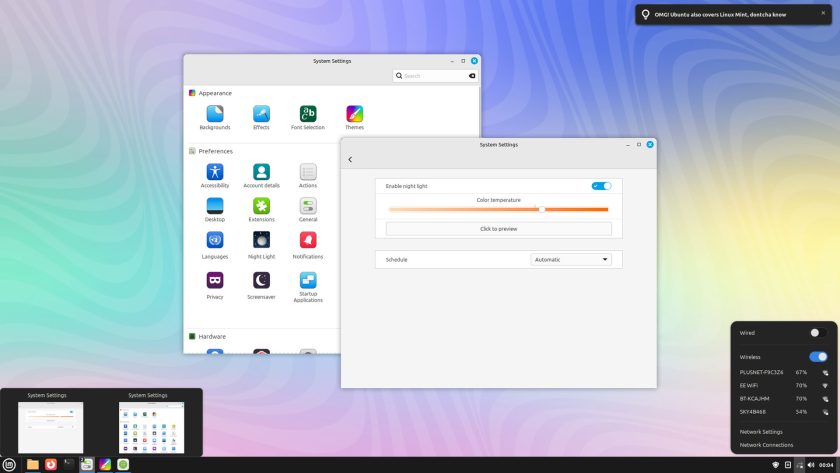 Night Light settings in Cinnamon desktop 6.4