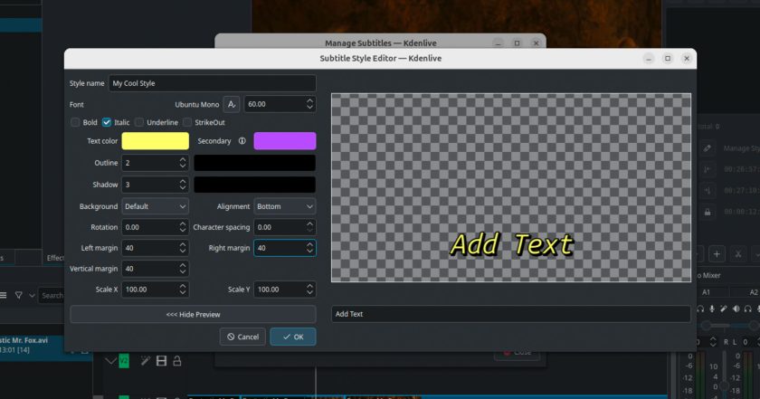 Subtitle style editor in Kdenlive 24.12