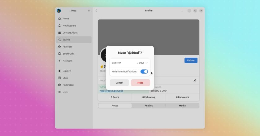 Tuba 0.9.0 screenshot showing account muting options