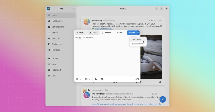 Tuba mastodon client for Linux showing draft post and schedule post options