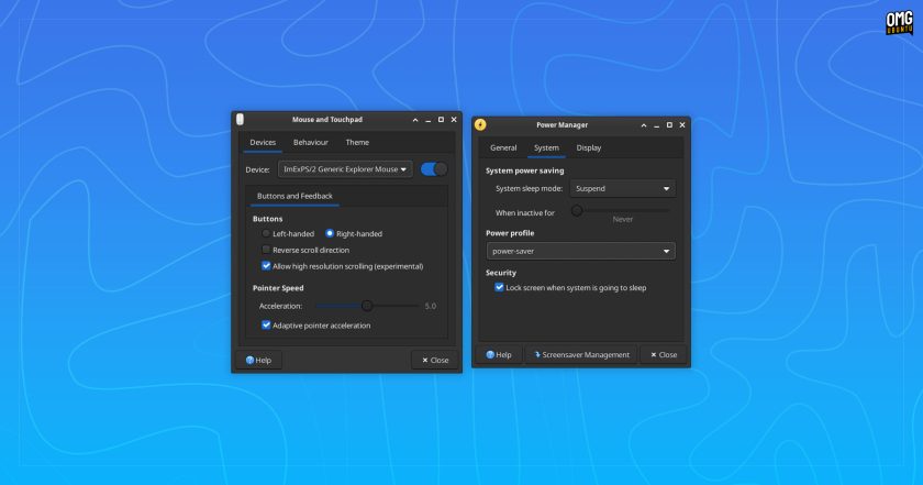Power and Mouse settings in Xfce 4.20