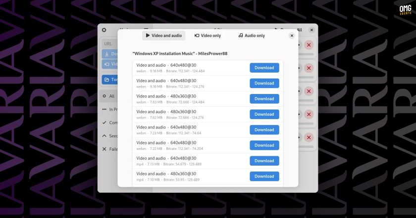 Varia showing YouTube download options
