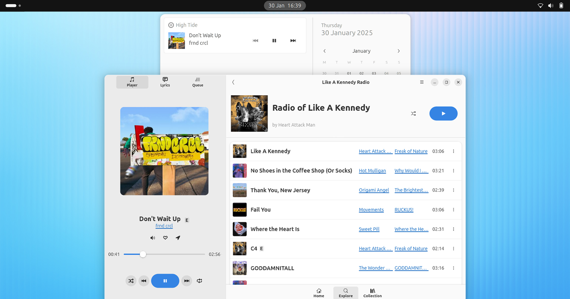 The high tide music client is in front of a now player MPRIS indicator