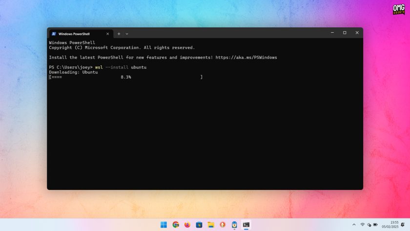 WIndows Terminal showing Ubuntu being installed via WSL