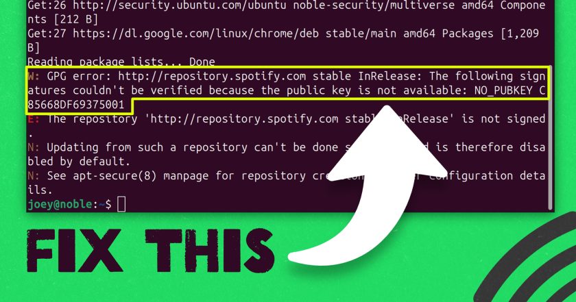 A terminal warning reporting a GPG error with the Spotify repository for Linux