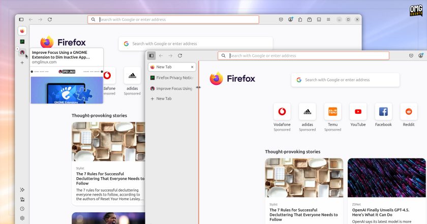 Vertical tabs in action in Firefox 136 on Ubuntu