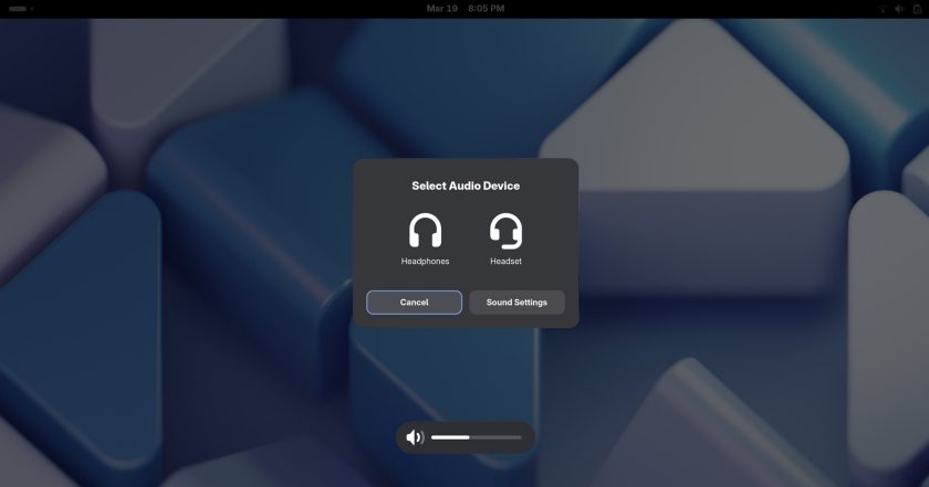 Plugging in headphones activating an OSD in GNOME 48 asking the user to select audio device