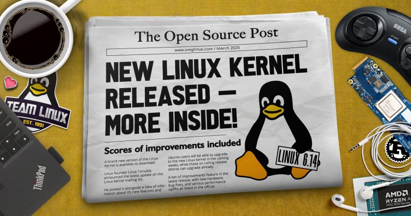 Graphic with text that reads "New Linux kernel released - more inside" on a newspaper mockup with the Linux penguin mascot